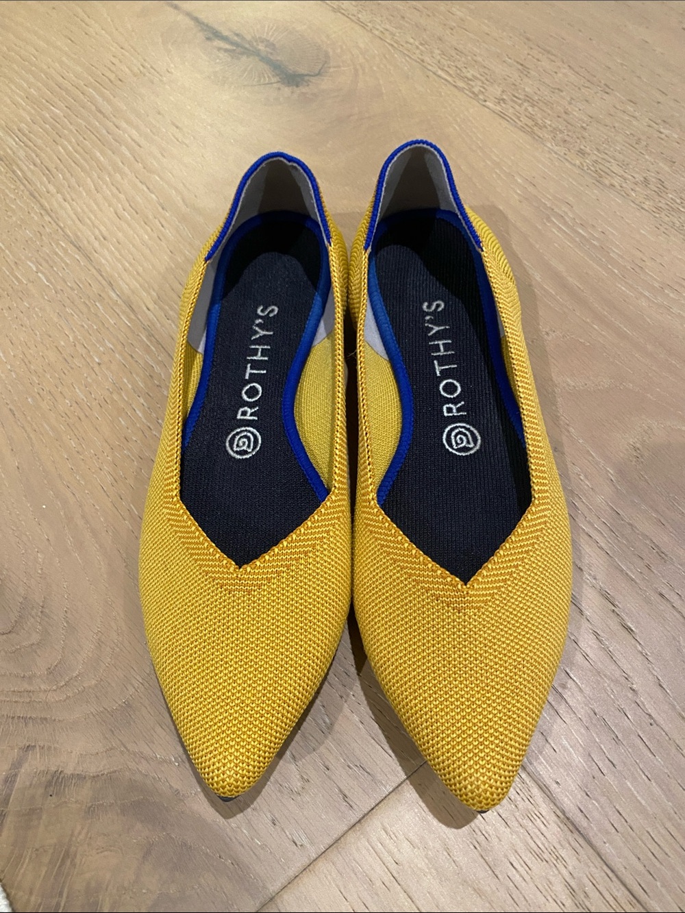 Rothy's Yellow Pointed Knit Slip-On Flats with Blue Trim